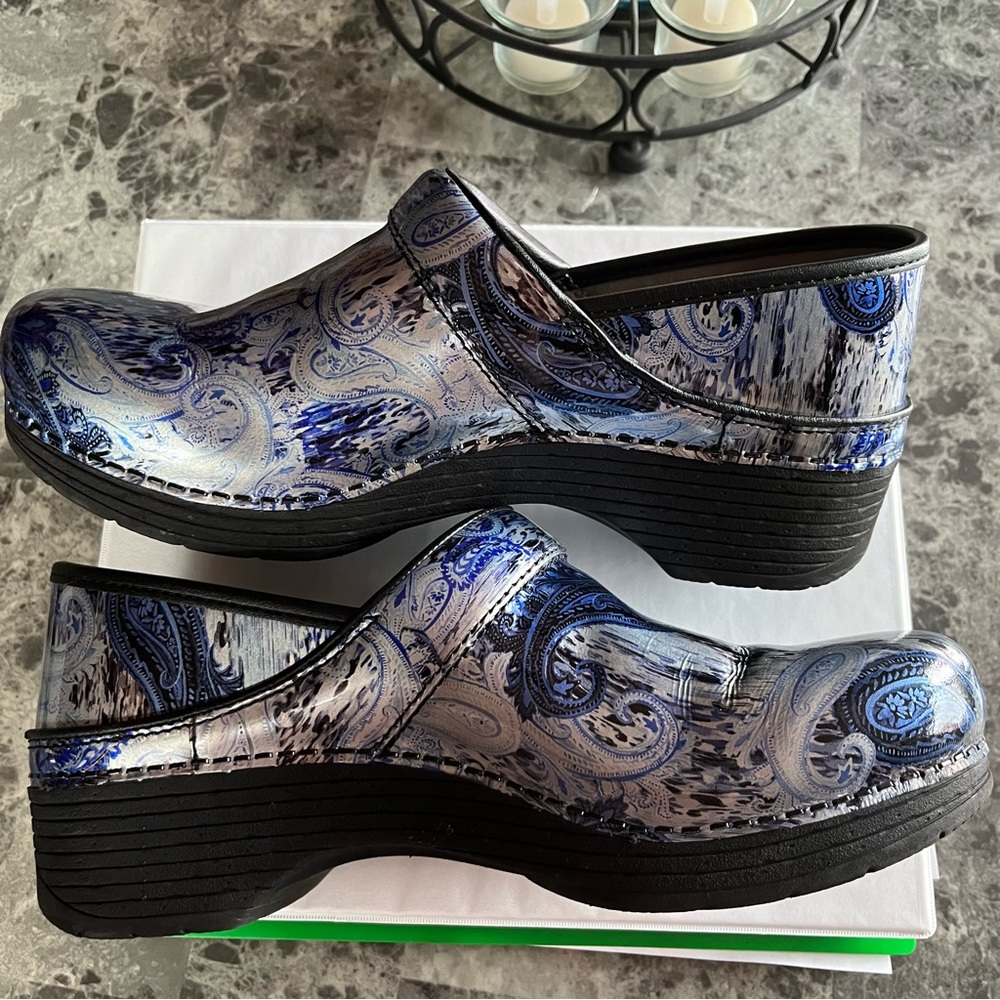 Dansko LT Clogs, size 41 EU, Blue and Silver Paisley design.